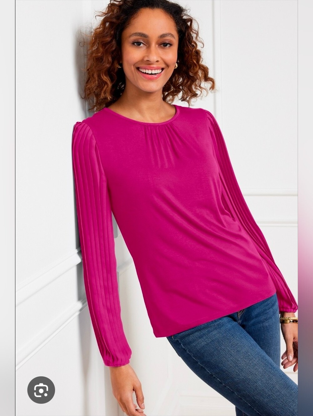 ❤️ TALBOTS PLEATED SLEEVE MAGENTA CREW NECK TOP, MP (MEDIUM PETITE) - Picture 1 of 8